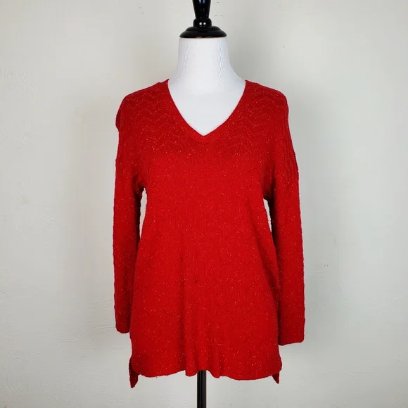 Lucky Brand Sweater Zig Zag Confetti Red Boho Speckled Spring Fall Quirky - Picture 1 of 10